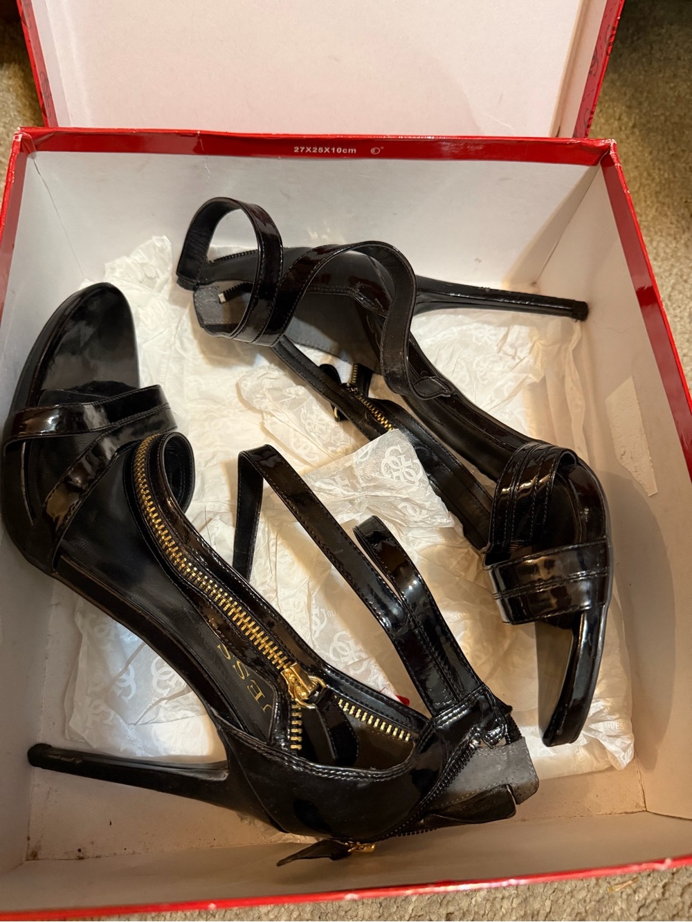 Guess Black Patent Strappy Stiletto Heels with Gold Zipper Detail